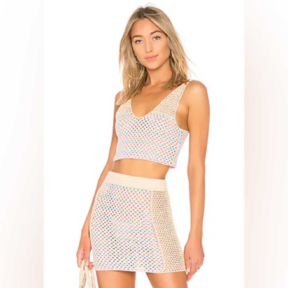 Lovers + Friends Pastel rainbow Crochet mini Skirt